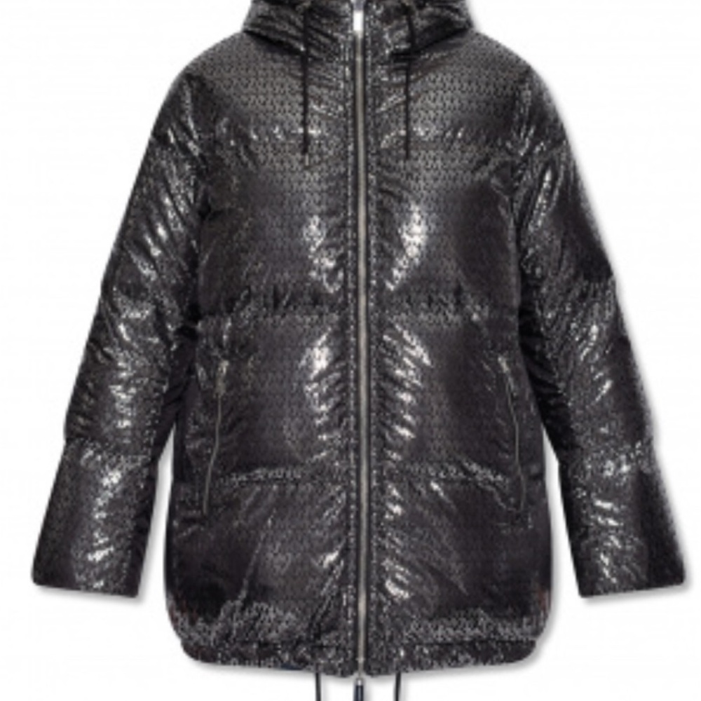 Michael Kors Black Monogram Shiny Womens Medium Puffer Jacket W FREE HAT NWT